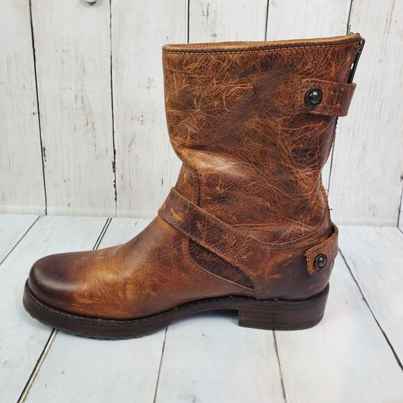 Frye 'Veronica' Back Zip Moto Boot Brown Women's Size 7B Leather Distressed GUC - Picture 3 of 16